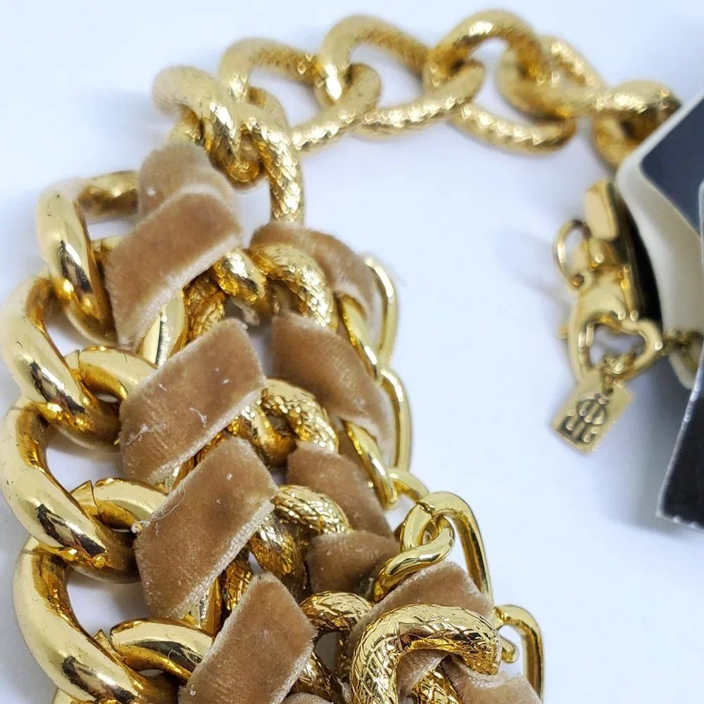 NWT Wide Gold Chain Choker Statement Collar Necklace with Velvet Ribbon Wrap